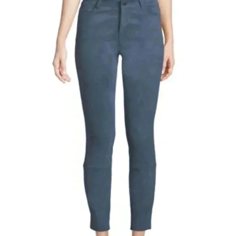 Theory Washable Stretch Genuine Suede Leather FivePocket Cropped Pants Blue Lamb
